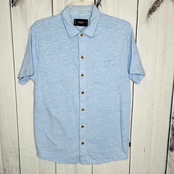 Lucky Brand Blue Short Sleeve Collared Linen Blend Button Down Shirt Sz S Mens - Picture 1 of 8